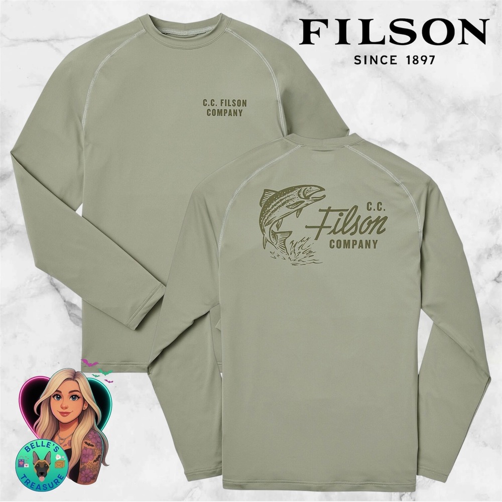Filson Mens XS Barrier Long Sleeve T-Shirt Desert Sage Trout Graphic Stretch Top